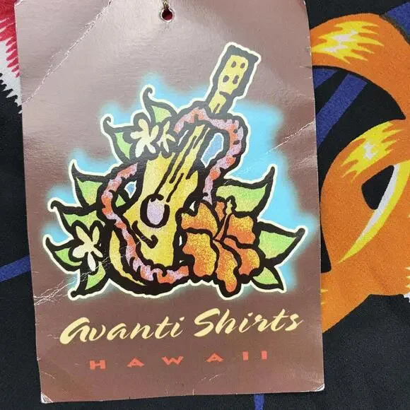 Avanti Auth Hawaiian 100% Silk VTG Shirt Black with Red and Orange Floral